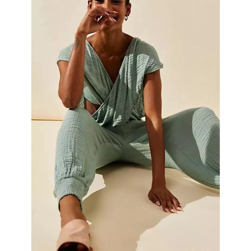 Free People Jaila Jumpsuit Criss Cross Endless Summer Jogger Leg Turquoise New S